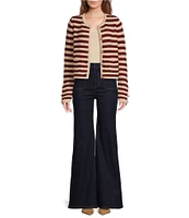 A Loves A Knit Wool Blend Striped Crew Neck Long Sleeve Embellished Button Front Cardigan