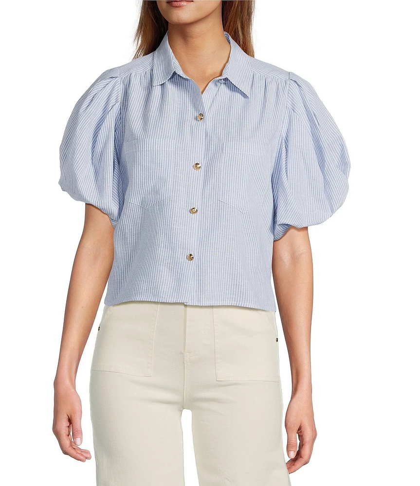 A Loves A Linen Stripe Point Collar Short Bubble Sleeve Button Front Shirt