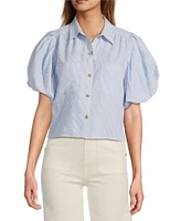 A Loves A Linen Stripe Point Collar Short Bubble Sleeve Button Front Shirt