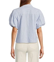A Loves A Linen Stripe Point Collar Short Bubble Sleeve Button Front Shirt