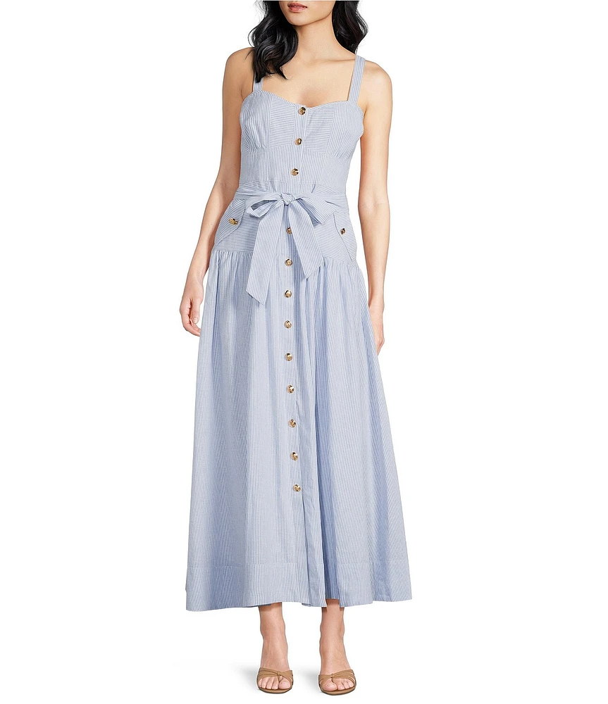 A Loves A Linen Stripe Sweetheart Neck Tank Strap Button Front Tie Drop Waist Flounce A-Line Midi Dress