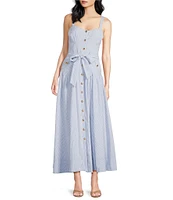 A Loves A Linen Stripe Sweetheart Neck Tank Strap Button Front Tie Drop Waist Flounce A-Line Midi Dress