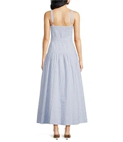 A Loves A Linen Stripe Sweetheart Neck Tank Strap Button Front Tie Drop Waist Flounce A-Line Midi Dress