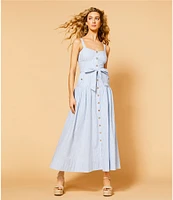 A Loves A Linen Stripe Sweetheart Neck Tank Strap Button Front Tie Drop Waist Flounce A-Line Midi Dress
