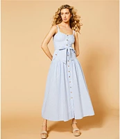 A Loves A Linen Stripe Sweetheart Neck Tank Strap Button Front Tie Drop Waist Flounce A-Line Midi Dress