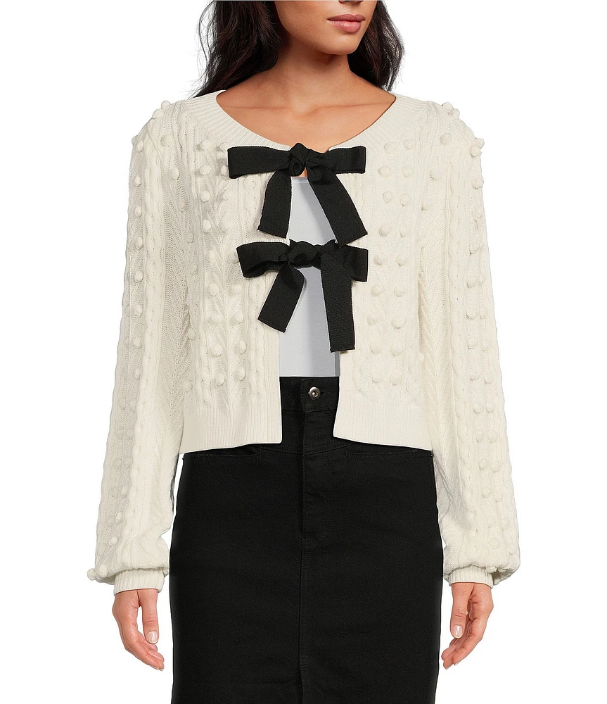 A Loves A Long Sleeve Bow Tie Contrasting Pom Pom Cardigan