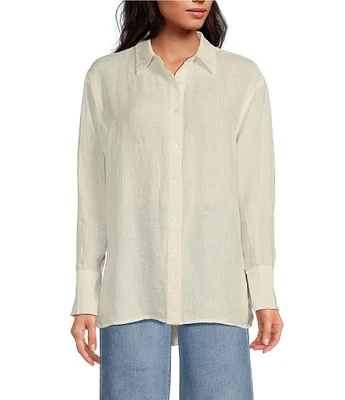 A Loves A Long Sleeve Point Collar Button Front Linen Blouse