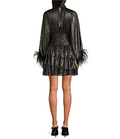 A Loves A Metallic Chiffon Feather Trim Ruched Mock Neck Long Sleeve Fit and Flare Blouson Flounce Mini Dress