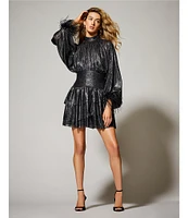 A Loves A Metallic Chiffon Feather Trim Ruched Mock Neck Long Sleeve Fit and Flare Blouson Flounce Mini Dress