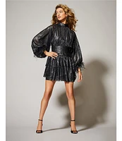 A Loves A Metallic Chiffon Feather Trim Ruched Mock Neck Long Sleeve Fit and Flare Blouson Flounce Mini Dress