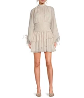 A Loves A Metallic Chiffon Feather Trim Ruched Mock Neck Long Sleeve Fit and Flare Blouson Flounce Mini Dress