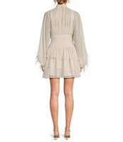 A Loves A Metallic Chiffon Feather Trim Ruched Mock Neck Long Sleeve Fit and Flare Blouson Flounce Mini Dress