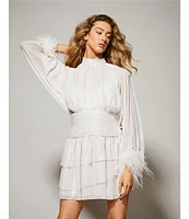 A Loves A Metallic Chiffon Feather Trim Ruched Mock Neck Long Sleeve Fit and Flare Blouson Flounce Mini Dress