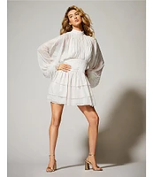 A Loves A Metallic Chiffon Feather Trim Ruched Mock Neck Long Sleeve Fit and Flare Blouson Flounce Mini Dress