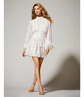 A Loves A Metallic Chiffon Feather Trim Ruched Mock Neck Long Sleeve Fit and Flare Blouson Flounce Mini Dress