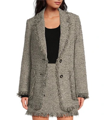 A Loves A Metallic Tweed Fringe Notch Lapel Button Front Oversized Longline Coordinating Blazer