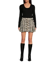 A Loves A Metallic Wool Blend Houndstooth High Rise Embellished Button Front Pleated A-Line Mini Skirt