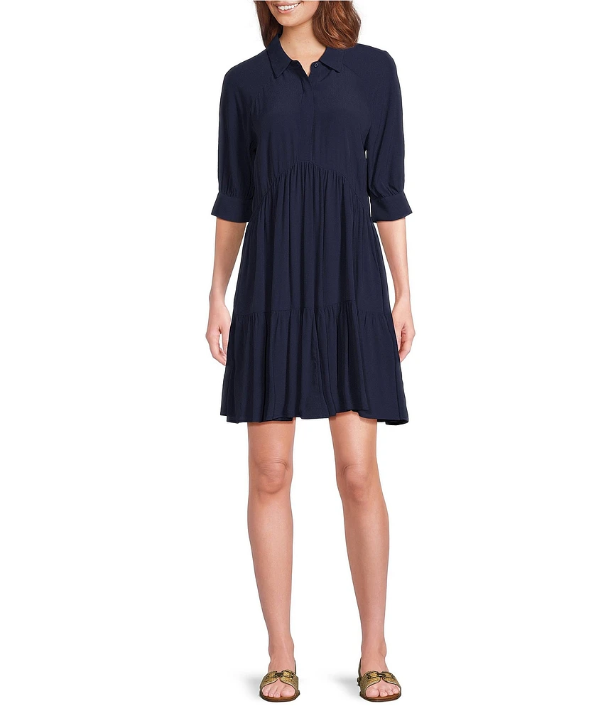 A Loves A Point Collar 3/4 Cuffed Sleeve Button Front Mini Shirt Dress