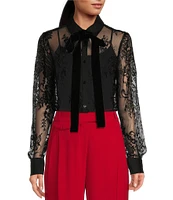 A Loves A Poplin Point Collar Bow Tie Neck Sheer Illusion Lace Long Sleeve Button Front Shirttail Blouse