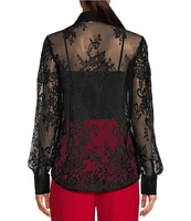 A Loves A Poplin Point Collar Bow Tie Neck Sheer Illusion Lace Long Sleeve Button Front Shirttail Blouse