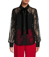 A Loves A Poplin Point Collar Bow Tie Neck Sheer Illusion Lace Long Sleeve Button Front Shirttail Blouse