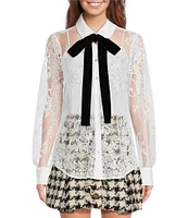 A Loves A Poplin Point Collar Bow Tie Neck Sheer Illusion Lace Long Sleeve Button Front Shirttail Blouse