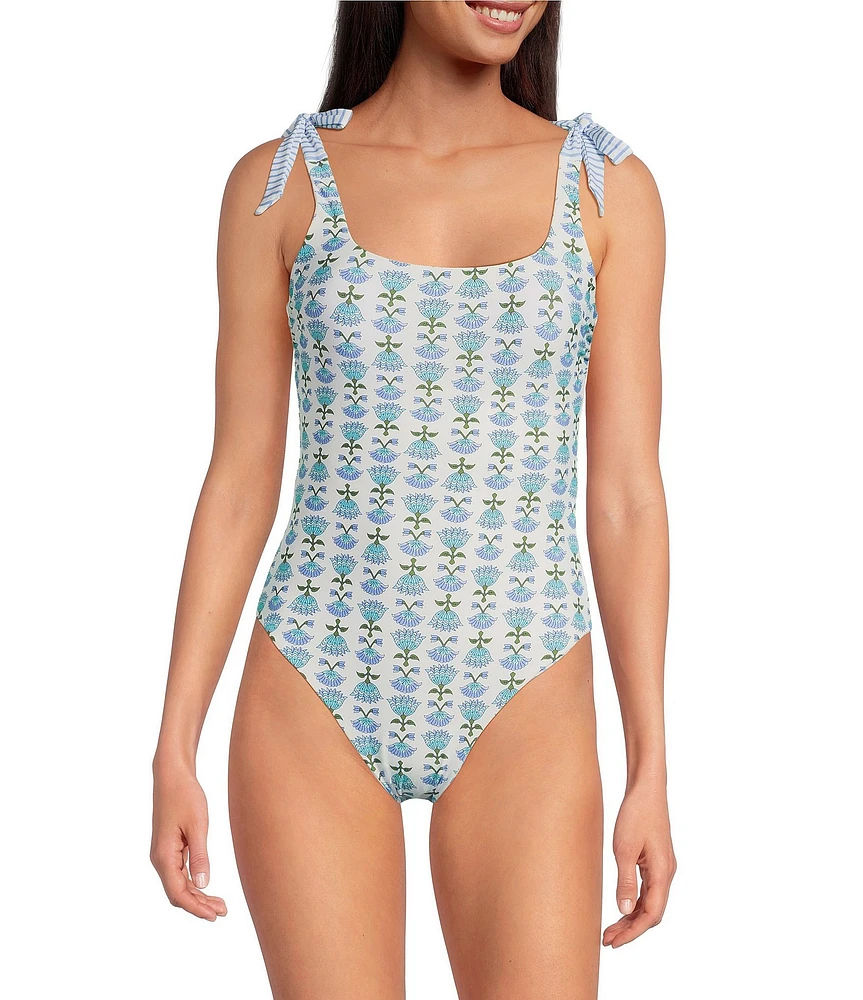 A Loves A Reversible Chevron Flower Bandeau Tie Shoulder One Piece Swimsuit