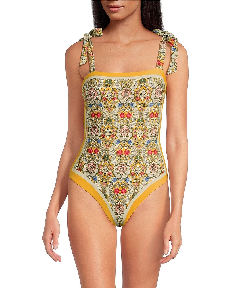 A Loves A Reversible Versailles Floral Bandeau Tie Shoulder One Piece Swimsuit
