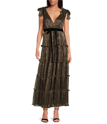 A Loves A Metallic Chiffon Deep V-Neck Sleeveless Bow Tie Strap Tie at Waist Ruffle Tiered A-Line Flounce Tea Length Dress