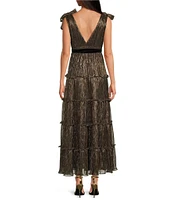 A Loves A Metallic Chiffon Deep V-Neck Sleeveless Bow Tie Strap Tie at Waist Ruffle Tiered A-Line Flounce Tea Length Dress