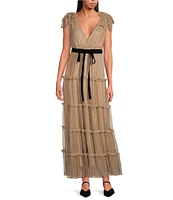 A Loves A Metallic Chiffon Deep V-Neck Sleeveless Bow Tie Strap Tie at Waist Ruffle Tiered A-Line Flounce Tea Length Dress