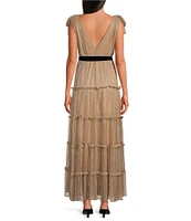 A Loves A Metallic Chiffon Deep V-Neck Sleeveless Bow Tie Strap Tie at Waist Ruffle Tiered A-Line Flounce Tea Length Dress