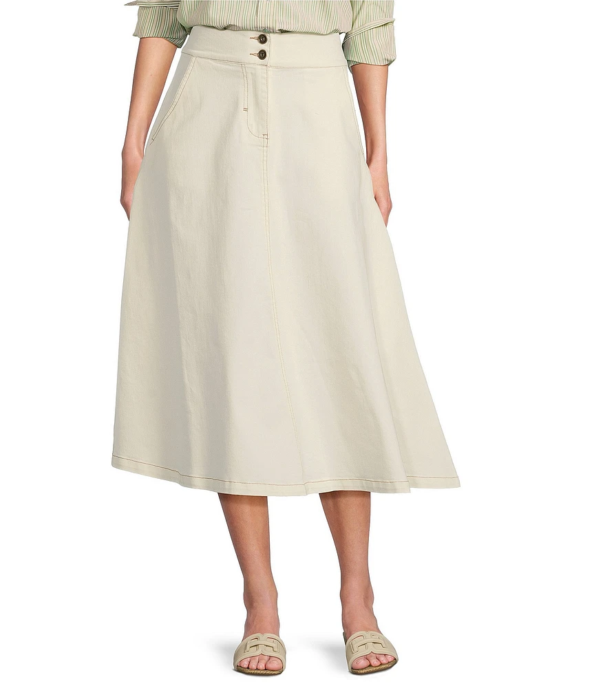 A Loves A Stretch Denim High Rise A-Line Volume Flounce Midi Skirt