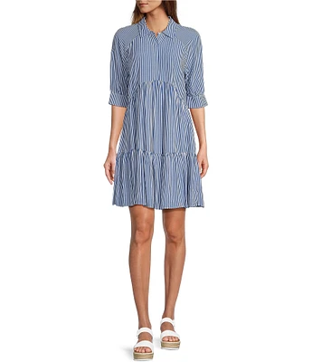 A Loves A Striped Point Collar 3/4 Cuffed Sleeve Button Front Mini Shirt Dress