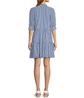 A Loves A Striped Point Collar 3/4 Cuffed Sleeve Button Front Mini Shirt Dress