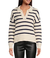 A Loves A Striped Print Long Sleeve Point Collar Knit Sweater