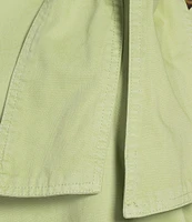 A Loves A Tinted Denim Mock Bow Tie Neck 3/4#double; Puffed Balloon Sleeve Pleated Button Shoulder Tulip Hem Top