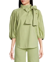 A Loves A Tinted Denim Mock Bow Tie Neck 3/4#double; Puffed Balloon Sleeve Pleated Button Shoulder Tulip Hem Top