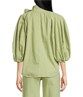 A Loves A Tinted Denim Mock Bow Tie Neck 3/4#double; Puffed Balloon Sleeve Pleated Button Shoulder Tulip Hem Top