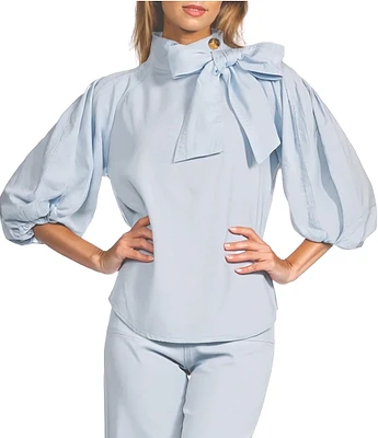 A Loves A Tinted Denim Mock Bow Tie Neck 3/4#double; Puffed Balloon Sleeve Pleated Button Shoulder Tulip Hem Top