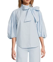 A Loves A Tinted Denim Mock Bow Tie Neck 3/4#double; Puffed Balloon Sleeve Pleated Button Shoulder Tulip Hem Top