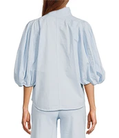 A Loves A Tinted Denim Mock Bow Tie Neck 3/4#double; Puffed Balloon Sleeve Pleated Button Shoulder Tulip Hem Top