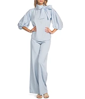 A Loves A Tinted Denim Mock Bow Tie Neck 3/4#double; Puffed Balloon Sleeve Pleated Button Shoulder Tulip Hem Top