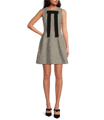 A Loves A Tulip Woven Metallic Tweed Contrast Bow Round Neck Sleeveless A-Line Mini Dress