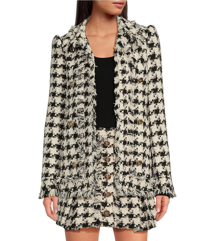 A Loves A Wool Blend Houndstooth Fringe Open Front Long Sleeve Coordinating Blazer