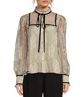 A Loves A Woven Chantilly Lace Velvet Trim Tie Neck Banded Collar Long Balloon Sleeve Jeweled Button Front Blouse