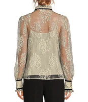 A Loves A Woven Chantilly Lace Velvet Trim Tie Neck Banded Collar Long Balloon Sleeve Jeweled Button Front Blouse