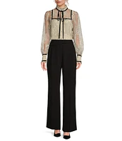 A Loves A Woven Chantilly Lace Velvet Trim Tie Neck Banded Collar Long Balloon Sleeve Jeweled Button Front Blouse