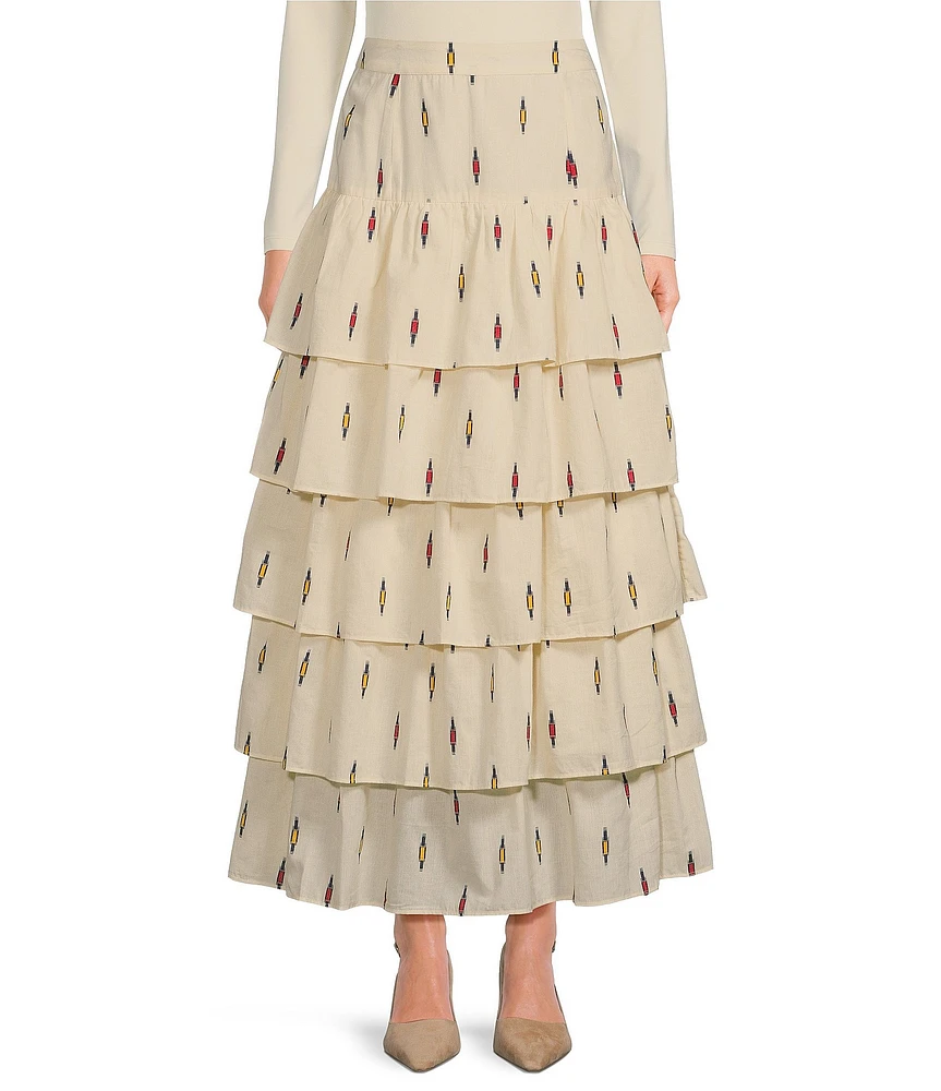 A Loves A Woven Embroidered High Rise Tiered Ruffle A-Line Midi Skirt