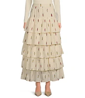 A Loves A Woven Embroidered High Rise Tiered Ruffle A-Line Midi Skirt